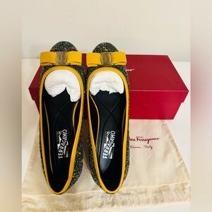 Salvatore Ferragamo Yellow Varina Tweed Bow Ballerina Flat US 7.5